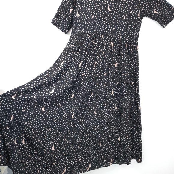 Vintage Romeo Star Moon Print Celestial Witchy Goth Boho Black Tiered Maxi Dress - Picture 14 of 14